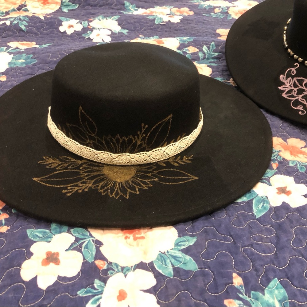 Hand Painted Black Wide Brin Hat with Bronze Floral Details